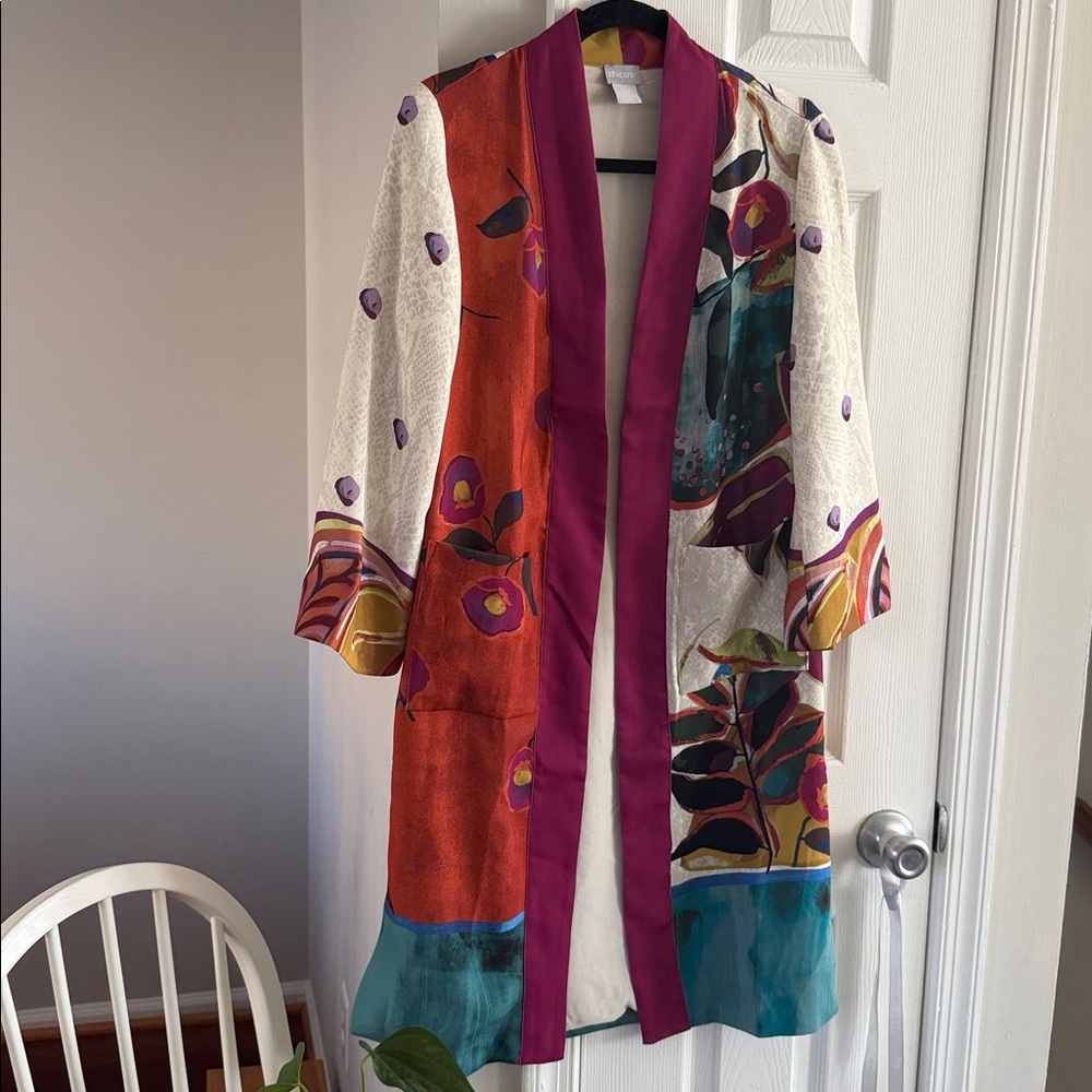 Chico's Vibrant Floral Patchwork Kimono Jacket - Yellow, Pink, Orange, Cream